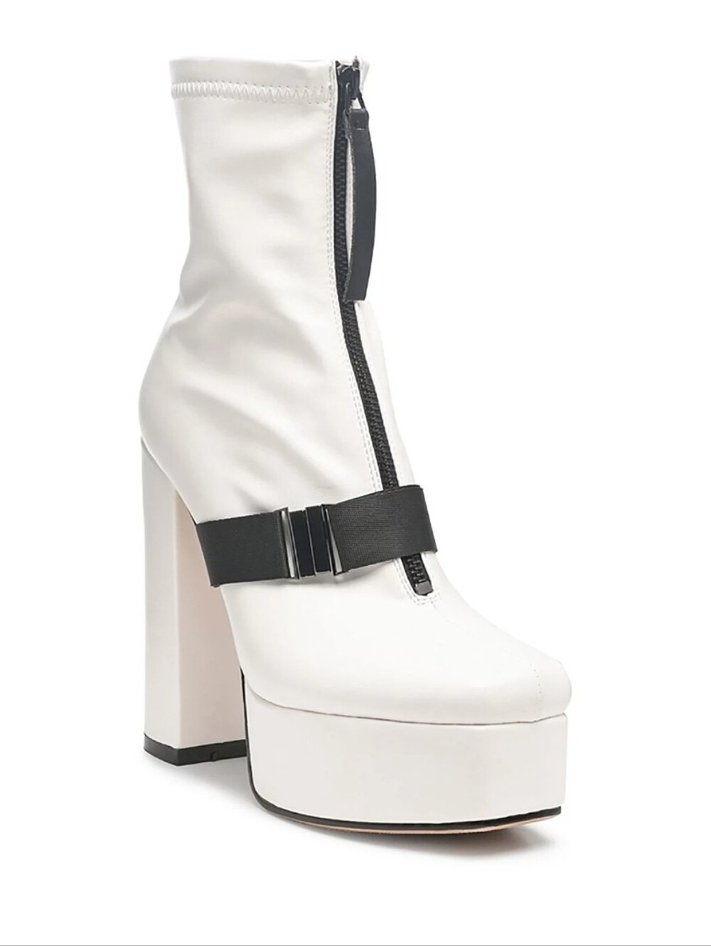 White Platform Ankle Boots with Black Front Zip and Strap